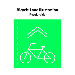 Flat vector icon illustrating a bicycle lane with bike and road markings, representing sustainable urban mobility, cycling infrastructure, and eco-friendly transportation solutions in modern cities.