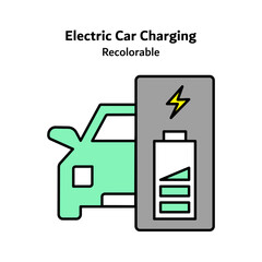 Flat vector icon illustrating an electric car charging at a station, representing clean transportation, renewable energy use, and sustainable mobility solutions for modern smart cities.