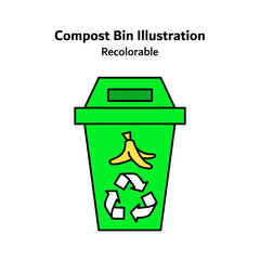 Flat vector icon illustrating a compost bin with organic waste elements, representing composting, food waste recycling, and sustainable waste management for eco friendly and green living concepts.