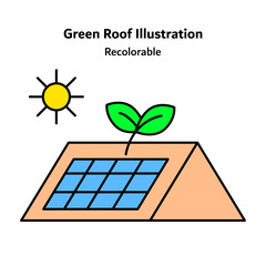 Flat vector icon illustrating a green roof with vegetation on top of a building, representing sustainable architecture, urban greenery, energy efficiency, and eco friendly city design concepts.