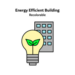 Flat vector icon illustrating an energy efficient building with eco friendly design elements, representing sustainable architecture, reduced energy consumption, and green building solutions for modern