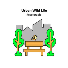 Flat vector icon representing urban wildlife with a bird living in a city environment, symbolizing coexistence of nature and urban spaces, biodiversity protection, and sustainable city ecosystems.
