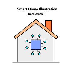 Flat vector illustration of a smart home icon featuring connected devices and house symbols, representing home automation, IoT technology, energy efficiency, and modern digital living solutions.