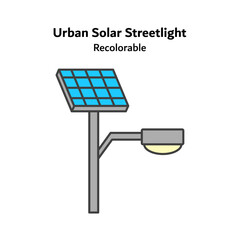 Flat vector icon illustrating an urban solar streetlight, representing renewable energy, sustainable infrastructure, and eco-friendly smart lighting solutions for modern urban environments.