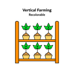 Flat vector icon illustrating vertical farming with stacked plant layers and modern agriculture elements, representing sustainable food production, urban farming, and eco friendly agricultural technol