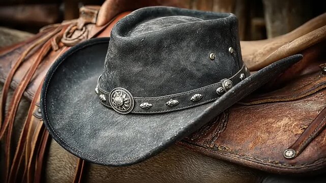 Close-up of a weathered black cowboy hat with decorative silver conchos resting on a vintage leather saddle, evoking a rustic Western theme.