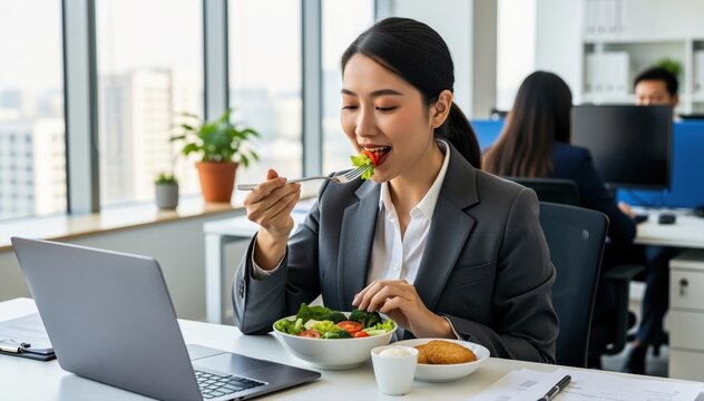 Office Lunch: A focused professional pauses from her work, relishing a healthy lunch at her desk, with a scenic city backdrop visible through the office window.