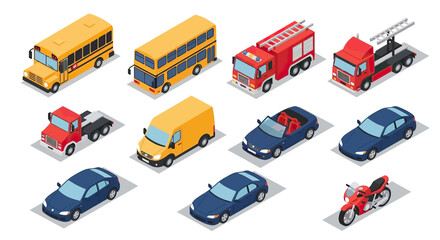 Isometric 3D illustration of various vehicles including cars, buses, trucks, and a motorcycle. © Yahya