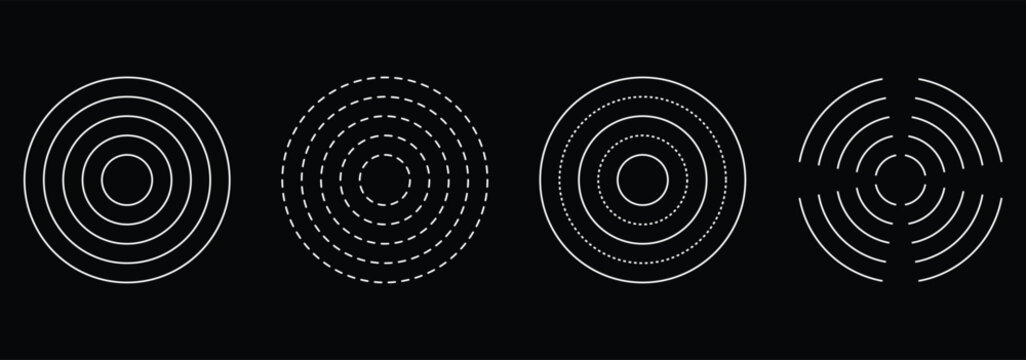 Concentric ripple circles set. Radial signal or vibration elements. Set of sonar waves, signal vibration, radar icon. Collection of circle diagrams divided on segments. eps 10