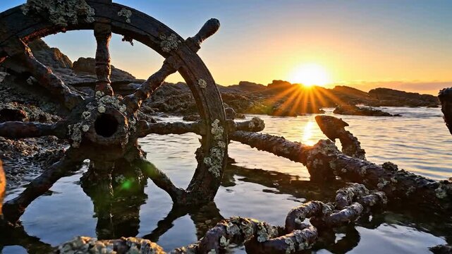 Rustic shipwreck elements on rocky shore at sunset with golden light