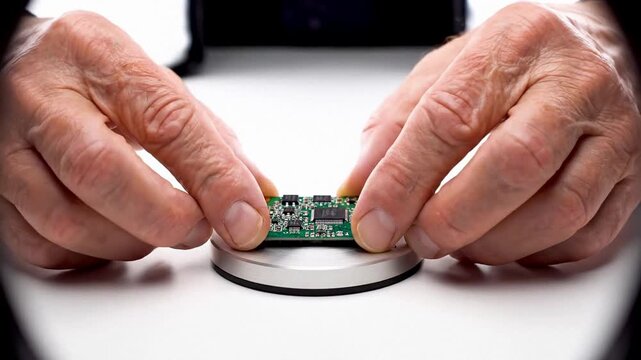 Senior man hands holding small circuit board on round base, closeup electronics repair and prototyping, calm focused mood for engineering training and makers