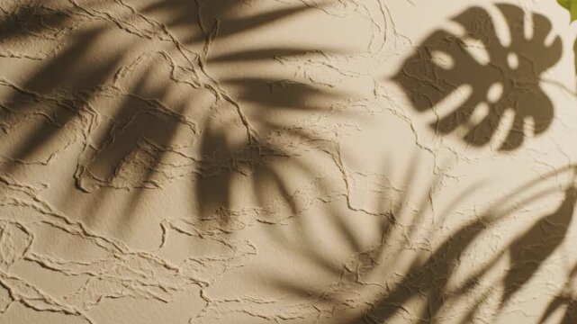 Monstera Leaf Shadow on Beige Textured Wall, Minimalist Abstract Style with Natural Sunlight, Calm Peaceful Atmosphere, Indoor Off White Surface