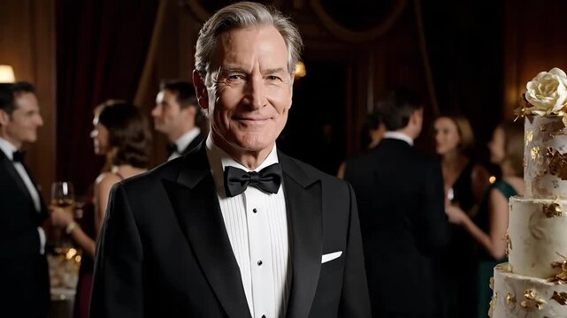 A smiling older man in a tuxedo standing next to a multi-tiered white birthday cake with gold decorations at a 50th anniversary celebration in a formal event with guests in the background.
