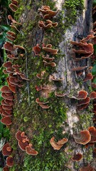 A vertical close-up shot of numerous wild bracket fungi growing on a moss-covered, decaying tree trunk in a dense tropical or autumn forest.