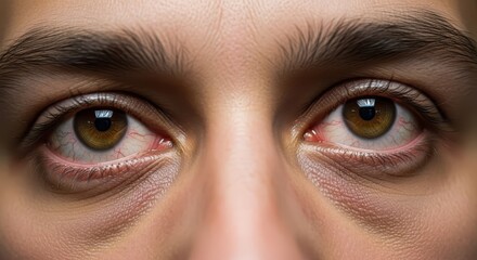 Naklejka premium Close up view reveals the irritated, bloodshot condition of both human eyes and surrounding skin