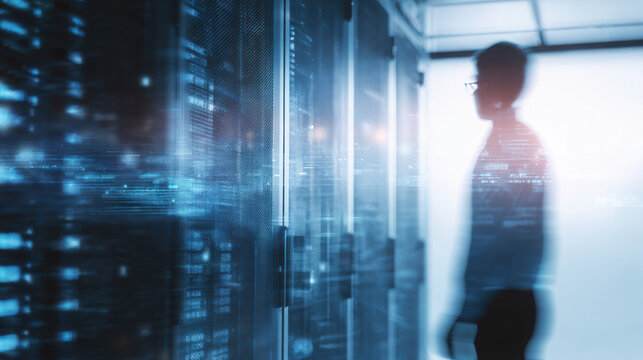 A data scientist stands inside a server room with futuristic digital overlays analyzing the information from rows of rack mounted servers.