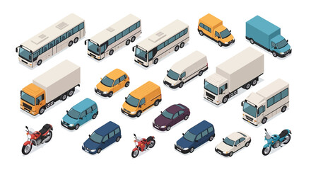 Isometric set of various vehicles including cars, trucks, buses, vans, and motorcycles on a white background. © Yahya