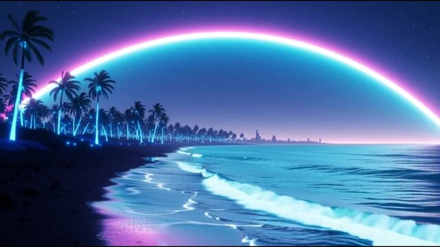 Neon Rainbow Over Tropical Beach at Night.