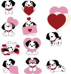 Naklejka premium Cute Dalmatian Valentine Illustration Set with Hearts