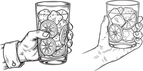 Hand holding a glass with ice cubes and lemon slices, refreshing cold drink illustration. 