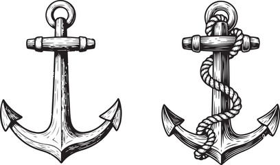 Nautical Anchor with Rope &ndash; Vintage Black and White Engraved Illustration. A detailed black and white illustration of a classic nautical ship anchor