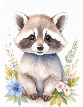 Adorable Raccoon Character with Blue and Pink Flowers, Whimsical Woodland Animal Watercolor Illustration for Kids