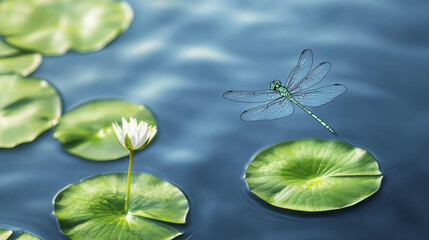 Serene scene featuring delicate dragonfly hovering above vibrant green lily pads and white water lily, evoking tranquility