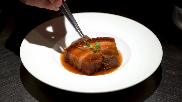 Food Item Slow Cooking on Plate with Rich Glaze Centerpiece