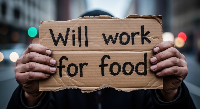 Disadvantaged individual holds up cardboard sign pleading for employment and sustenance in an urban setting