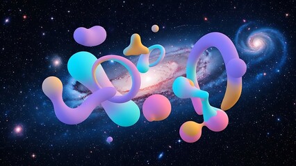 Abstract 3D Shapes Floating in Cosmic Galaxy.