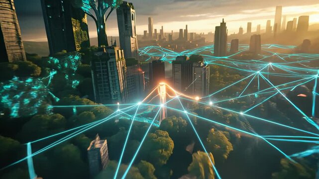 Futuristic city green architecture digital network cyber grid skyline with neon light urban forest smart city eco technology glowing circuit bio