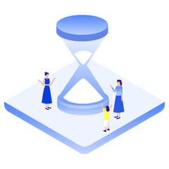 アイソメトリックな巨大な砂時計と人々（時間・期限・歴史）