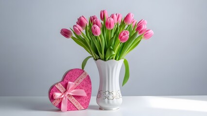 Fototapeta premium Pink tulips in white vase and heart shaped gift box on table
