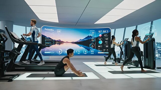 Sleek modern fitness center with city view and exerciser