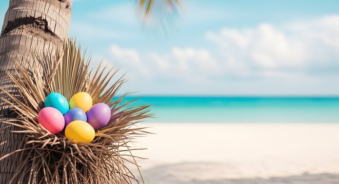 Easter eggs in nest on palm tree with tropical beach background ocean