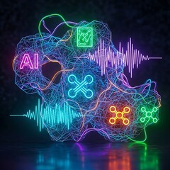 Abstract AI Brain Network with Neon Icons and Sound Waves.
