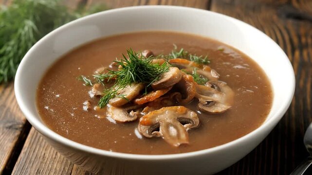 Creamy mushroom soup in white bowl.