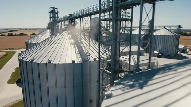 Aerial view of large grain storage silos in a rural agricultural landscape