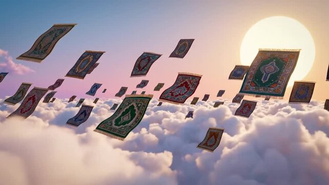 Magical flying carpets soaring through clouds at sunset, fantasy travel
