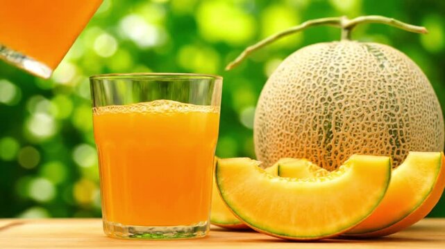 Fresh Cantaloupe Juice Being Poured into Glass.