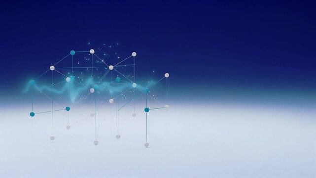 Abstract Data Network Node Grid with Wave Signal and Particles on Blue Gradient Background
