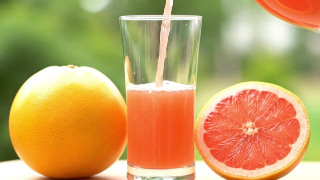Fresh Grapefruit Juice Being Poured into Glass.