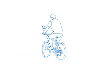 Obraz premium Man on a bicycle. Mobile device secured to the handlebars. Rear view. Ongoing line drawing. Vector illustration in a line art style.