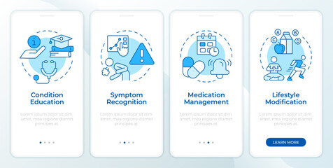 Plakat Self treatment pillars blue onboarding mobile app screen. Walkthrough 4 steps editable graphic instructions with linear concepts. UI, UX, GUI. Montserrat SemiBold, Regular fonts used