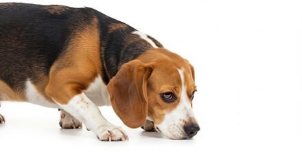 Curious beagle dog sniffing low to the ground bathed in bright studio light on a pristine white background. AI Generated