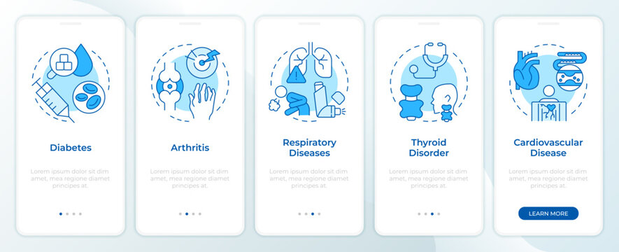 Major chronic diseases blue onboarding mobile app screen. Walkthrough 5 steps editable graphic instructions with linear concepts. UI, UX, GUI. Montserrat SemiBold, Regular fonts used