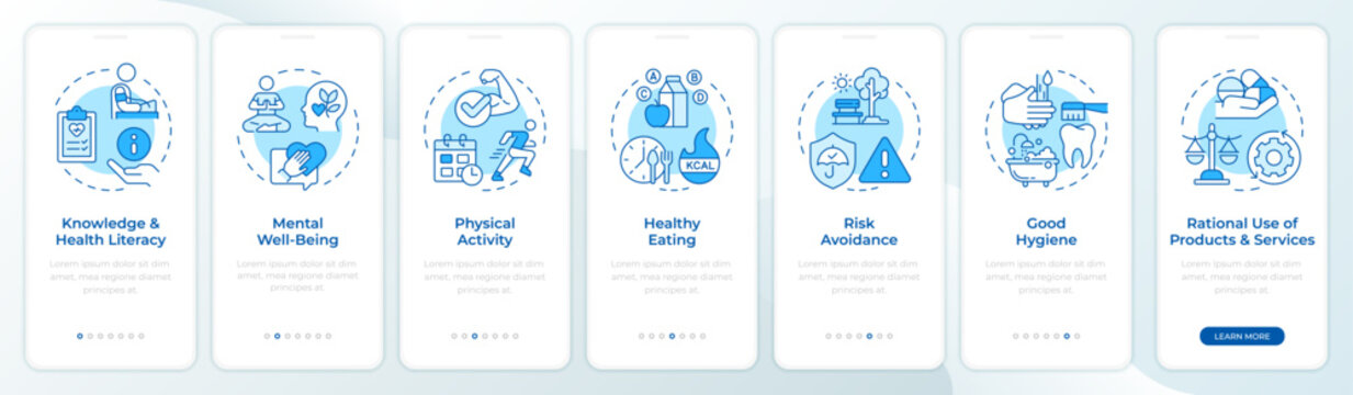 Self care framework blue onboarding mobile app screen. Mental wellbeing. Walkthrough 7 steps editable graphic instructions with linear concepts. UI, UX, GUI. Montserrat SemiBold, Regular fonts used