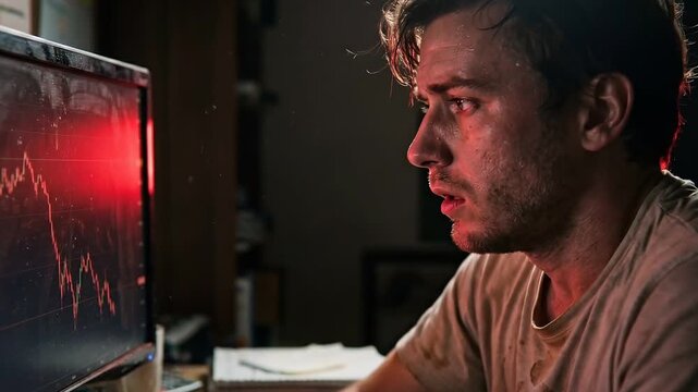 Anxious Trader Watching Crypto Market Crash on Monitors at Night