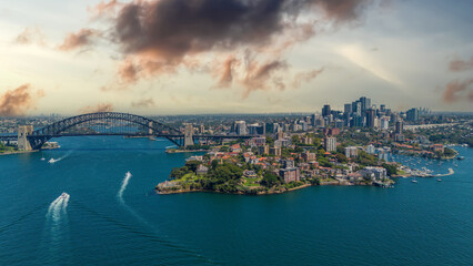 Fototapeta premium 5 February 2026 Aerial View of Sydney Harbour Circular Quay cruise Liner on a nice Summer day beautiful Sky in Sydney NSW Australia