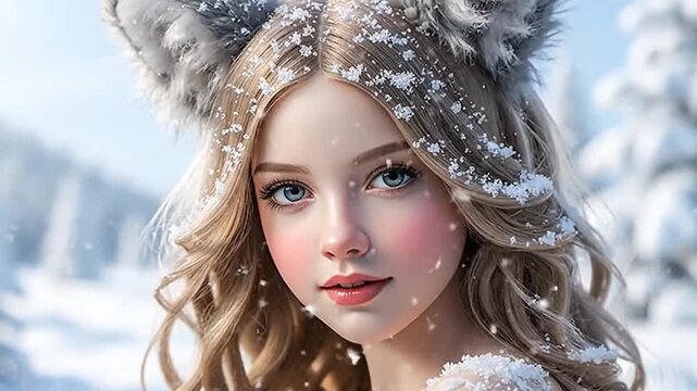 Girl with wolf ears in winter snow.